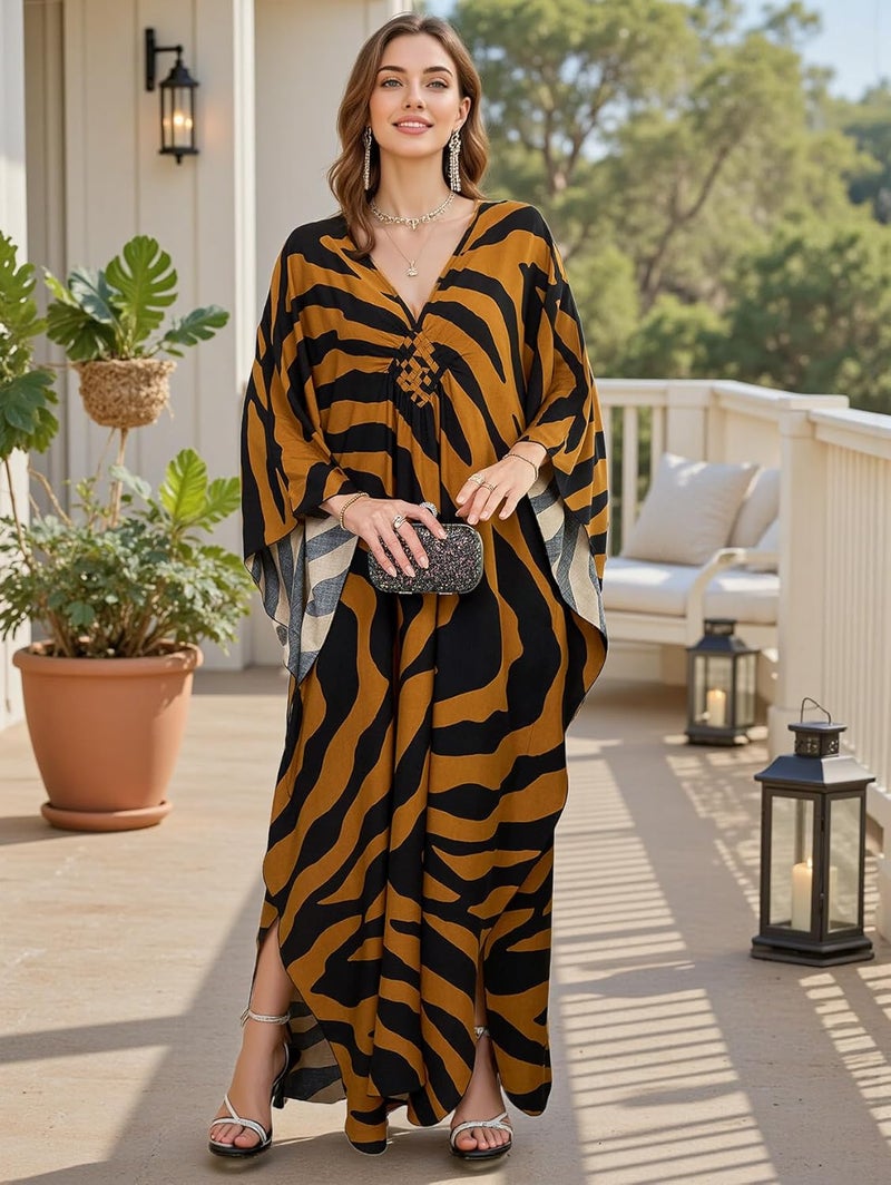 IMAGEKOPE Women's Plus Size Animal Print V-Neck Batwing Kaftan Beach Dress Bathing Suit Cover-Up Loungewear - Image 5